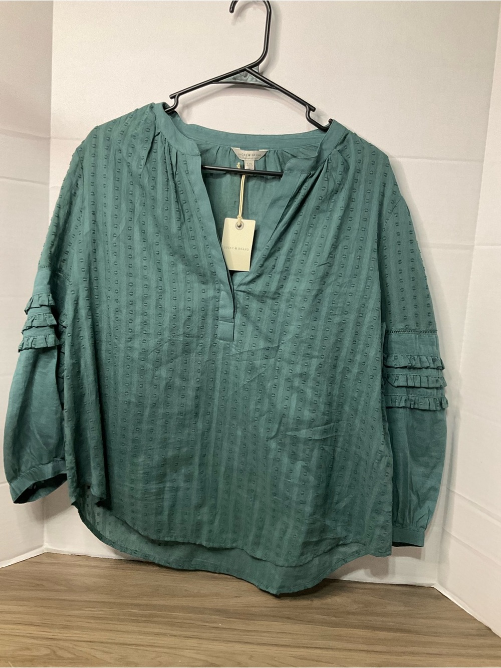 NWT-Lucky Brand Teal Green Eyelet Peasant Blouse size large